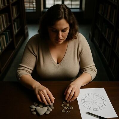 Eine Person sortiert Gedanken zu Liebe und Job mit symbolischen Karten und einem Horoskopblatt.