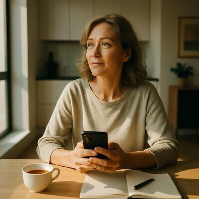 Eine Person h&auml;lt das Smartphone, wirkt nachdenklich und gleichzeitig gelassen &ndash; Moment der bewussten Entscheidung zur Kontaktaufnahme.