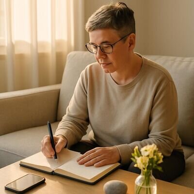 Eine Person schreibt ruhig in ein Notizbuch, neben ihr liegt ein geschlossenes Handy; im Hintergrund helles Abendlicht.