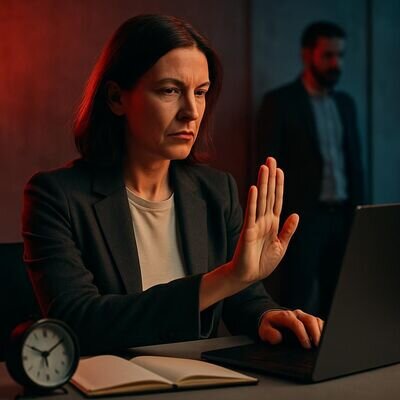 Eine Person im B&uuml;ro setzt bewusst eine Grenze und fokussiert sich auf die eigene Aufgabe.