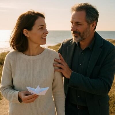 Zwei Menschen im warmen Licht, eine unterst&uuml;tzende Geste, ruhige und hoffnungsvolle Stimmung.