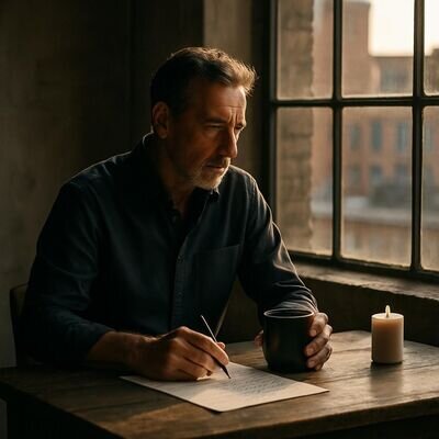 Eine Person reflektiert nach der Sitzung mit Tee und Notizen am Fenster; Symbol f&uuml;r Verarbeitung statt l&auml;nger bezahlen.