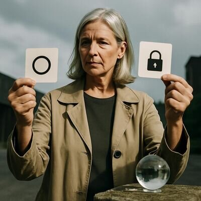 Eine Person zeigt auf zwei unterschiedliche Karten-Symbole, die gute und weniger hilfreiche Fragearten symbolisieren.