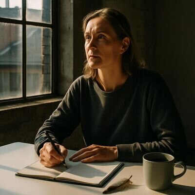 Eine Person sitzt am hellen Morgenlicht am Tisch und notiert einen Traum in ein Notizbuch, ruhig und konzentriert.