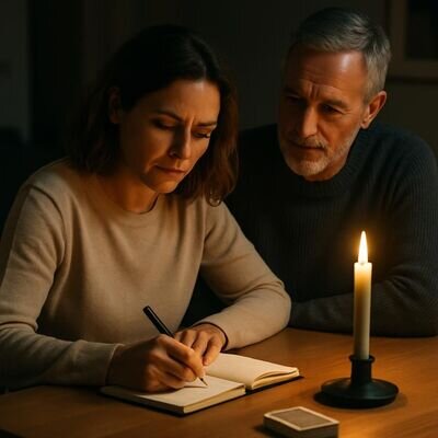 Zwei Personen sitzen an einem Tisch, eine schreibt, die andere schaut unterst&uuml;tzend zu; warmes Licht und ruhige Atmosph&auml;re.