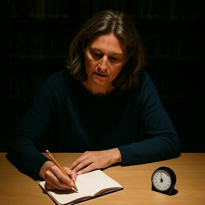Eine Frau schreibt an einem aufger&auml;umten Tisch eine winzige Routine in ein Notizbuch, konzentriert und ruhig.