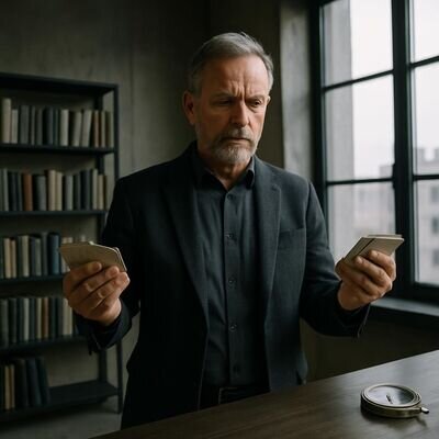 Ein Mann vergleicht zwei Kartenstapel, als wuerde er zwischen zwei Richtungen entscheiden.