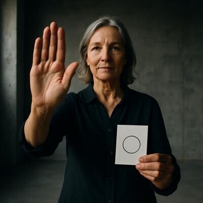Eine Person zeigt eine klare, freundliche Stop-Geste &ndash; als Symbol f&uuml;r Selbstbestimmung und ethische Limits.
