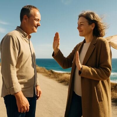 Zwei europaeische Menschen im Freien, eine Handgeste als respektvolles Stoppsignal, dennoch warme Verbundenheit.