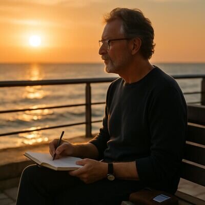 Eine Person reflektiert in ruhiger Umgebung und ordnet Gedanken, ohne sichtbare persoenliche Daten.