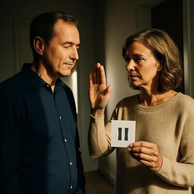 Zwei Partner stehen im Flur, einer atmet bewusst, der andere wartet respektvoll &ndash; Pause als Schutz.