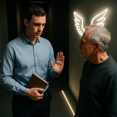 Zwei Kolleg:innen in einem Flur, ein Moment der Klarheit vor einem Gespr&auml;ch.
