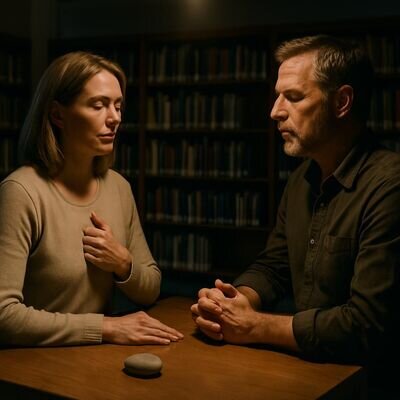 Zwei Personen in ruhiger Interaktion, die einen einfachen Anker f&uuml;r Sicherheit und Gegenwart nutzen.