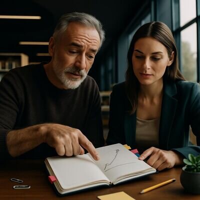 Zwei Menschen besprechen ruhig Fortschritt und n&auml;chste Schritte an einem neutralen Ort.