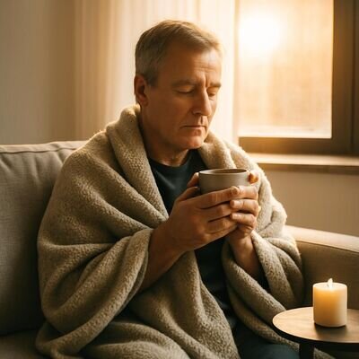 Eine Person sitzt geerdet mit Decke und warmer Tasse, klarer Fokus und ruhige Atmosph&auml;re.