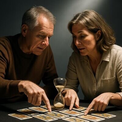 Ein Paar deutet ein Kartenbild und bespricht Zeitfenster als Korridor statt als fixen Termin.