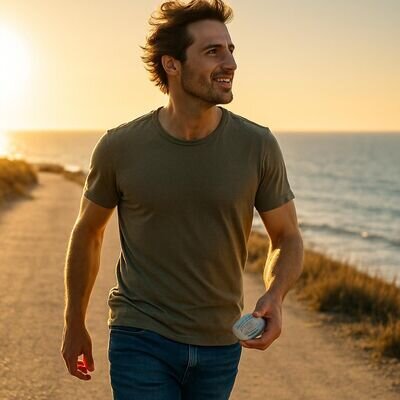 Ruhige Reflexion in der Natur mit kleinem Symbolobjekt, hell und warm.