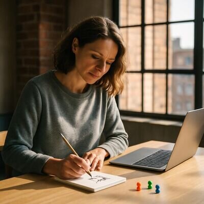 Eine Person strukturiert ruhig ihre naechsten Schritte am Tisch und gewinnt wieder Fokus.