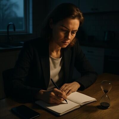 Eine Person schreibt reflektierend in ein Notizbuch, daneben liegt ein Handy bewusst beiseite.