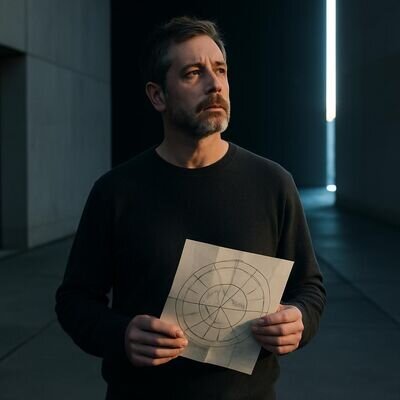 Eine Person steht drau&szlig;en in weiter Natur, h&auml;lt ein Horoskop-Blatt und blickt in die Ferne.