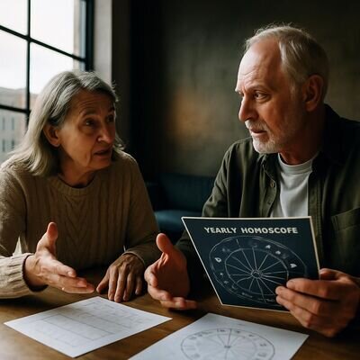 Zwei Menschen sprechen in einem hellen Raum &uuml;ber Jahresziele, mit astrologischem Chart als Prop.