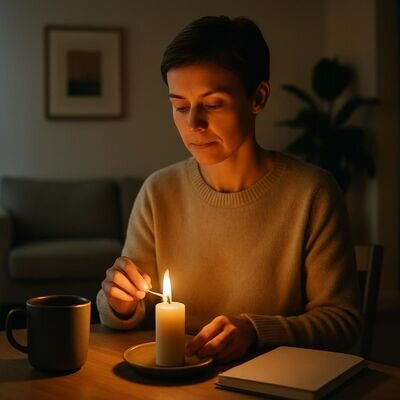 Eine Person setzt ein kleines Lichtzeichen und nutzt es als ruhigen Fokus in einem hellen Raum.
