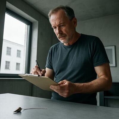 Ein Mann reflektiert ruhig seine Wahrnehmung und notiert Eindr&uuml;cke, um Projektion und Intuition zu unterscheiden.