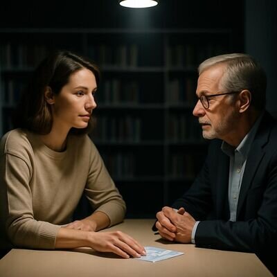 Zwei Personen sprechen ruhig in einer hellen Bibliothek; ein schlichtes Symbolbild unterst&uuml;tzt das Thema Orientierung.