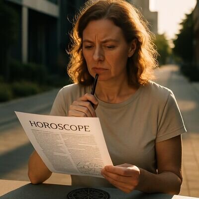 Eine Person liest nachdenklich ein Horoskop und wirkt unsicher, ob es passt.