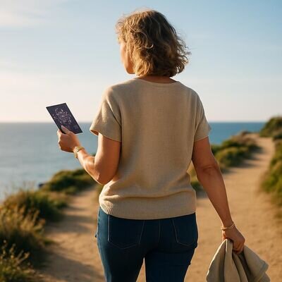 Eine Person geht in der Natur, h&auml;lt ein kleines Horoskop-Heft in der Hand, wirkt geerdet und ruhig.
