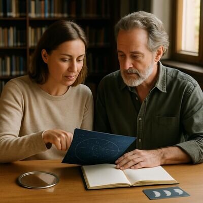 Zwei Personen reflektieren gemeinsam mit Notizbuch und Sternenkarte, bodenst&auml;ndig und freundlich.