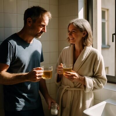 Zwei Personen in heller K&uuml;che, ruhiger Ausklang nach dem Ritual mit Tee und offener Fensterstimmung.
