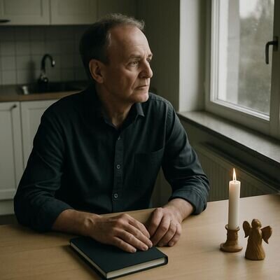 Ein Mann sitzt ruhig in einem hellen Raum und sortiert seine Gedanken, ohne dramatische Inszenierung.