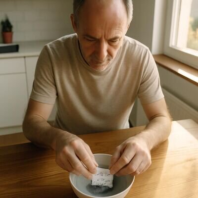 Eine Person l&ouml;st einen beschriebenen Zettel in einer Schale mit Wasser auf &ndash; als sanfte Loslass-Symbolik.