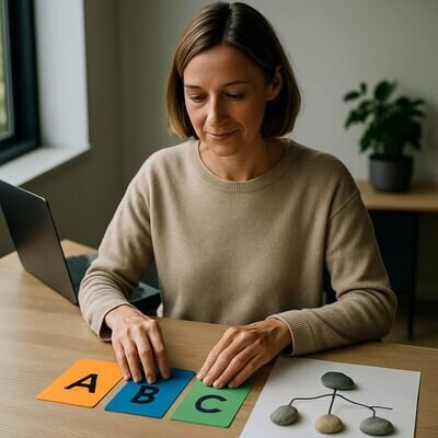 Eine Person ordnet Gedanken auf Papier und markiert A/B/C als strukturierte Entscheidungshilfe f&uuml;r den Jobwechsel.