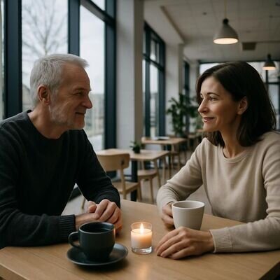 Zwei Menschen in einem Caf&eacute;, respektvolle Distanz, offene K&ouml;rpersprache, ruhige Stimmung.