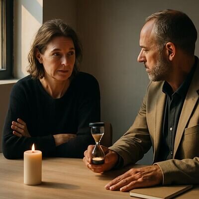 Zwei Menschen in ruhigem Gespr&auml;ch, konzentrierte Atmosph&auml;re, erster Eindruck z&auml;hlt.