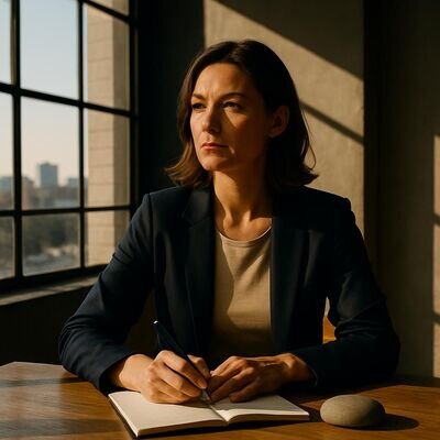 Eine Person nimmt sich in heller Umgebung einen Moment zum Ankommen und Atmen, bevor es losgeht.