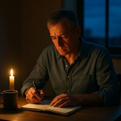 Eine Person schlie&szlig;t den Tag ab, schreibt reflektierend bei warmem Licht, Kerze und Tasse auf dem Tisch.