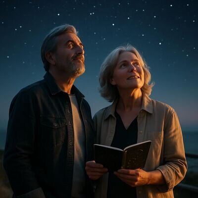 Zwei Menschen betrachten gemeinsam einen Sternenhimmel; symbolisiert sinnvolle, pers&ouml;nliche Geschenke und Verbundenheit.