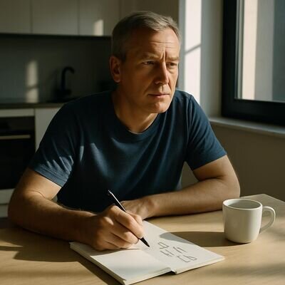 Ein Mann notiert Traumerinnerungen in ein Notizbuch, neben ihm eine Tasse Tee, klare freundliche Stimmung.