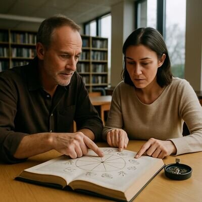 Zwei Menschen diskutieren ruhig &uuml;ber St&auml;rken, Werte und berufliche Optionen anhand astrologischer Symbole.