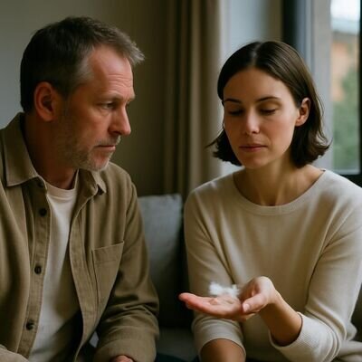 Zwei Menschen in einem hellen, ruhigen Innenraum, einer zeigt dem anderen eine kleine Feder als Symbol f&uuml;r Trost und Schutz.