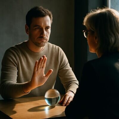 Zwei Personen in einem ruhigen Setting, die eine Pause und ein Stoppsignal respektvoll nutzen.