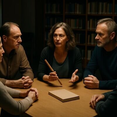 Eine Person haelt einen neutralen Redegegenstand, waehrend die anderen zuhoeren und Blickkontakt halten.