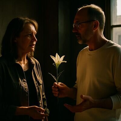 Zwei Erwachsene im hellen Raum sprechen ruhig miteinander, warme Morgenstimmung, Symbol f&uuml;r klare Kommunikation.