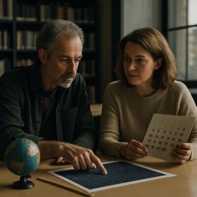 Zwei Menschen sprechen konzentriert &uuml;ber Planung und Perspektiven, mit astrologischem Symbolmaterial als dezentem Element.