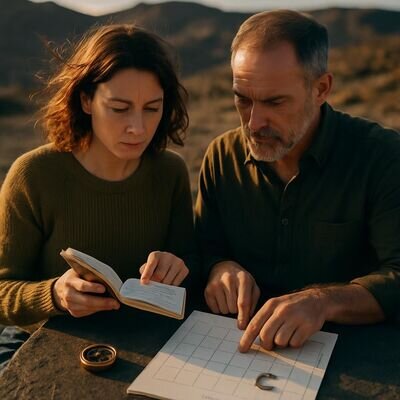 Zwei Personen schauen gemeinsam in ein Notizbuch und vergleichen Horoskop-Notizen mit dem Kalender.