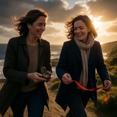 Zwei Personen drau&szlig;en in weiter Landschaft als Symbol f&uuml;r Raum und Verbundenheit bei Elementpaarungen.