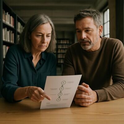 Zwei Menschen stehen in einer hellen Bibliothek und besprechen ruhig ein Blatt Papier; klare, respektvolle Stimmung.
